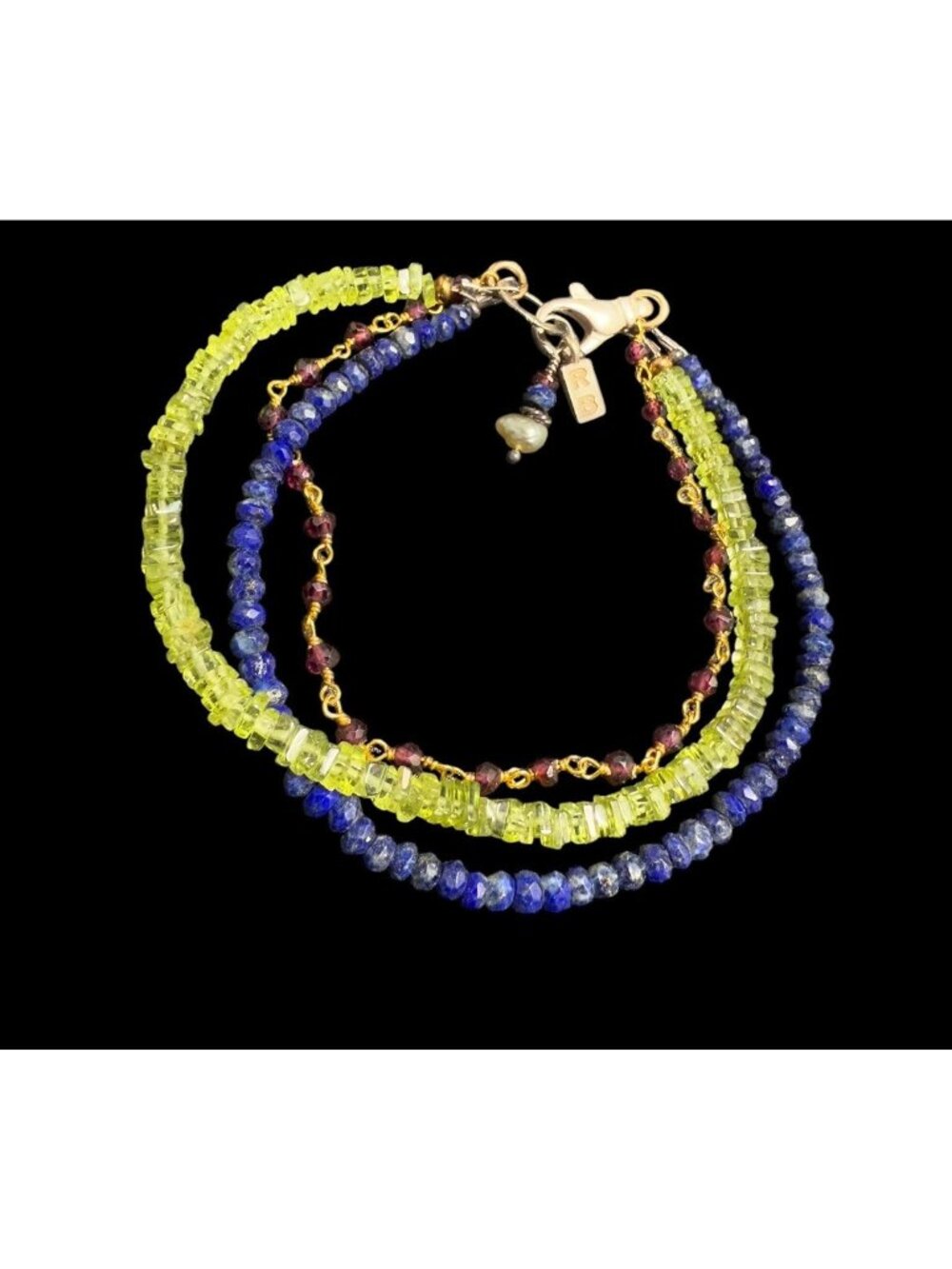 Vintage RB 925 Triple Strand Bracelet Multi Gemstone Beaded Lapis Peridot Garnet